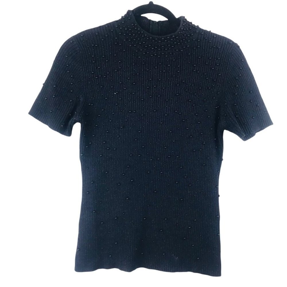 NEK Northeast Knitters Knit Black Glitter Pearl Embellished Mock Neck Top S
